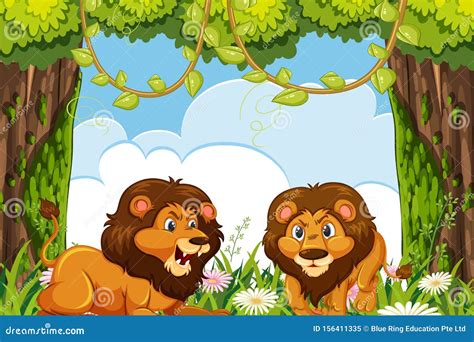 Lions in jungle background stock vector. Illustration of tree - 156411335