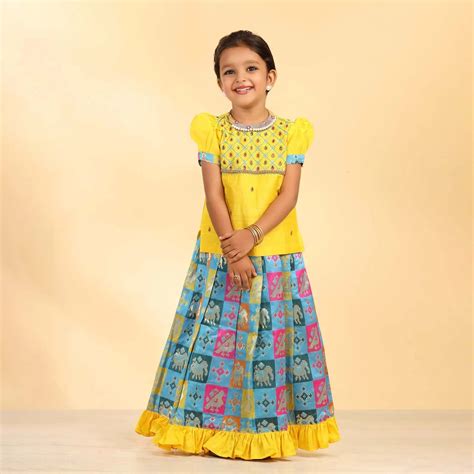 Kids Yellow Top With Blue Multi Color Aari Work Traditional Pattu Pava