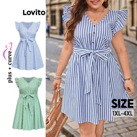 Lovito Plus Size Women Boho Striped Belted Button Front Ruffle Dress