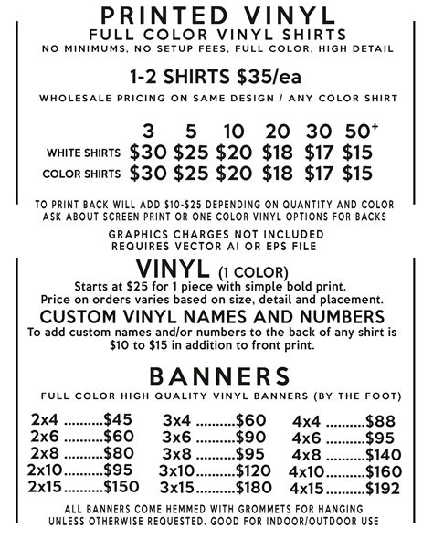 Vinyl Shirt Pricing Chart at Isabella Lansell blog