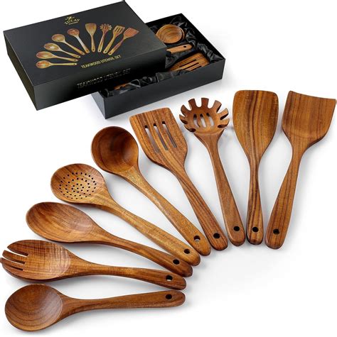 Zulay Kitchen 9 Piece Teak Wooden Utensils Cooking Utensil Set With