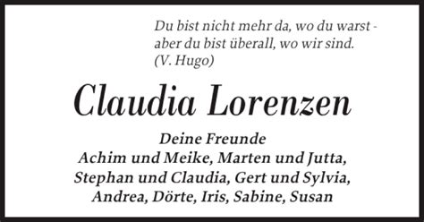 Traueranzeigen Von Claudia Lorenzen Sh Z Trauer