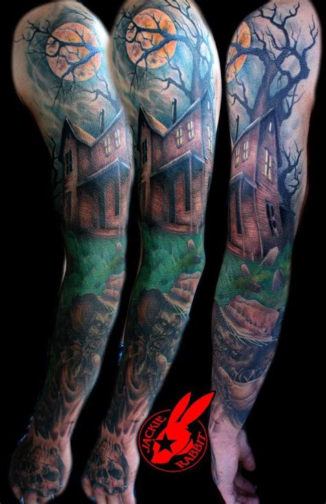 Haunted House Sleeve Tattoo By Jackie Rabbit By Jackierabbit12 On