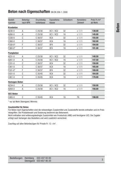 Beton Nach Eigenschaften SN EN 206 1 Frischbeton Thun AG