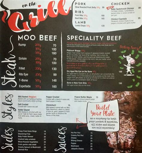 Menu Au Moo Moo Restaurant à Viande Pretoria Cnr Atterbury And Lois Ave