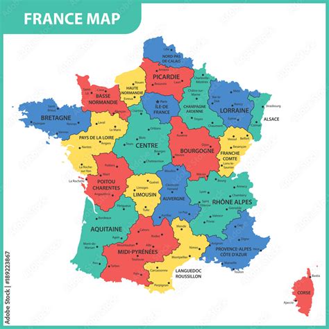 The detailed map of the France with regions or states and cities ...