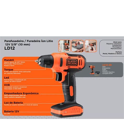 Parafusadeira Furadeira 3 8 10mm 12V Black Decker Casa Obra