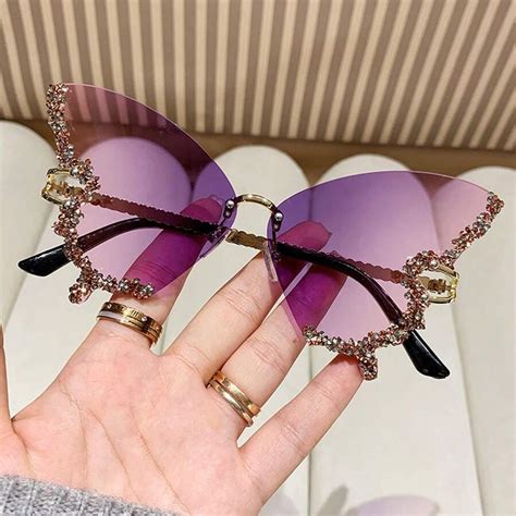 New Arrival Butterfly Shaped Rhinestone Rimless Sunglasses For