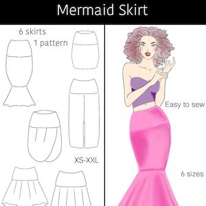 Mermaid Skirt PDF Sewing Pattern. 6 Sizes. 6 Skirts in One Pattern - Etsy