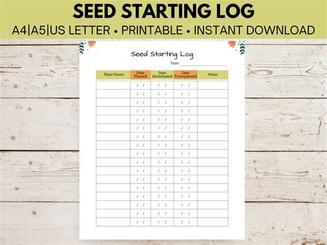 Seed Starting Log Planner Printable Download Pdf Size A4 A5 And Us Letter