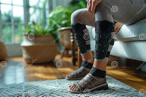 A Woman With Knee Braces Is Sitting On A Couch Wearing Sandals Stock