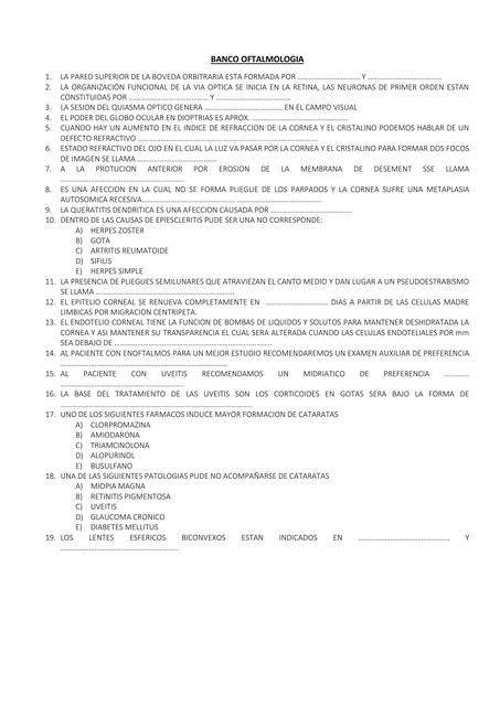 Banco oftalmología examen DRA ARIA uDocz