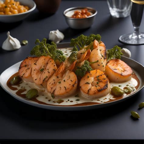 Plato De Mariscos Con Camarones A La Parrilla Vieiras Doradas Y Una