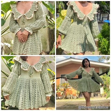 Four Pictures Of A Woman Wearing A Green Crocheted Dress With Ruffles