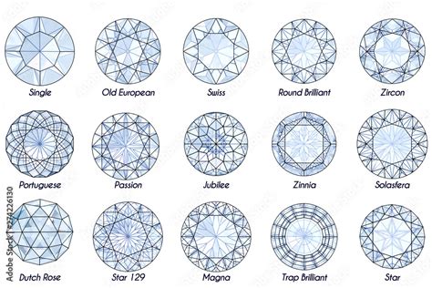 Fifteen Cut Varieties Of Round Diamond Shape With Titles On White