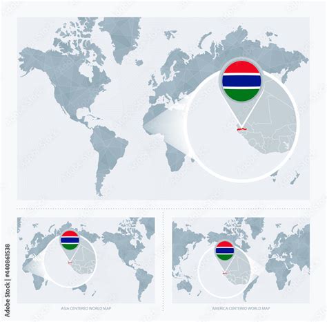 Magnified Gambia Over Map Of The World 3 Versions Of The World Map