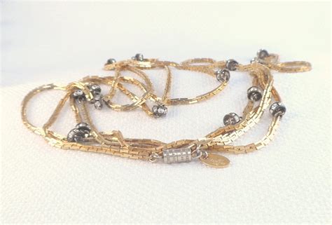 Vintage Les Bernard Long Gold Necklace With Rhinestone Etsy