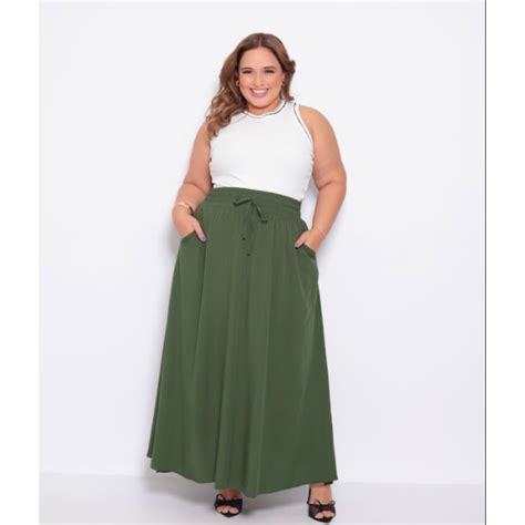 Saia Longa Plus Size - Saia Longa Plus Size Viscolinho Cintura Alta com Bolsos e Fendas ...
