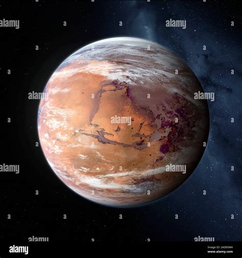 Terraforming Mars, illustration. The planet Mars with oceans of liquid ...