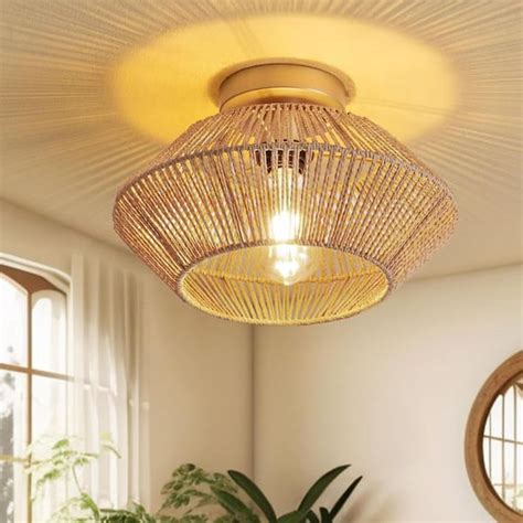 Siljoy 12 6 In Boho Rattan 1 Light Ceiling Flush Mount Light Rattan