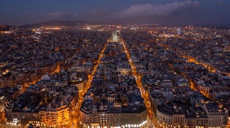 Aerial Night View of Barcelona Eixample Residential District and Famous ...