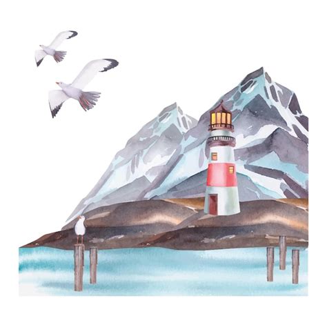 Premium Vector Lighthouse On The Rocks With Seagull And Mountains