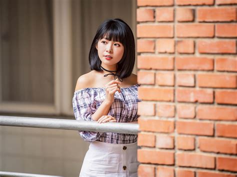 Photos Brunette Girl Young Woman Asian Made Of Bricks Wall 1600x1200