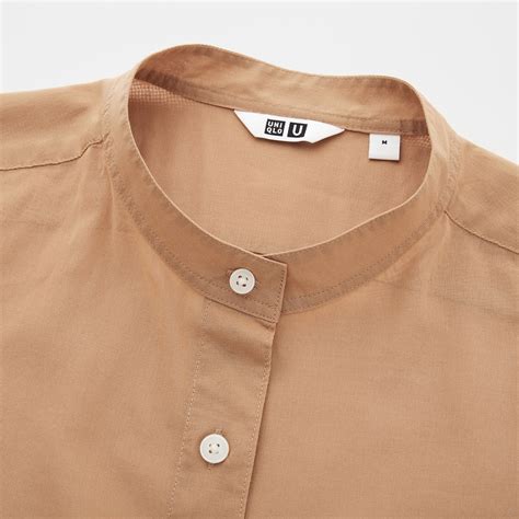 Women Uniqlo U Sheer Band Collar Long Sleeved Shirt