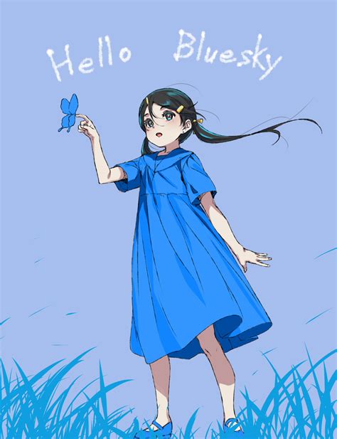 Safebooru 1girl Black Hair Blue Background Blue Butterfly Blue Dress