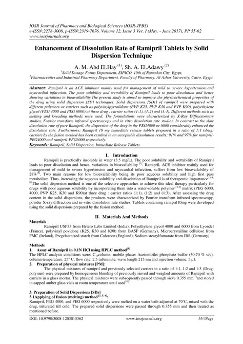 Pdf Enhancement Of Dissolution Rate Of Ramipril Tablets By Solid