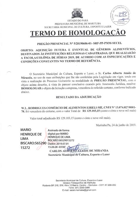 Termo De Homologa O Prefeitura Municipal De Marituba Pa