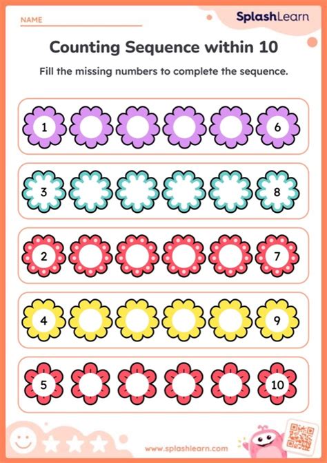 Counting Sequence Within 10 With Flowers — Printable Math Worksheet