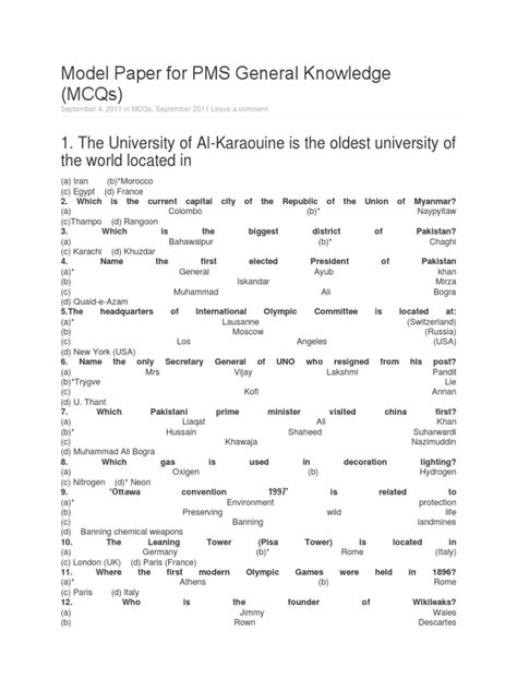 Model Paper For Pms General Knowledge Mcqs Pdf Sikhism