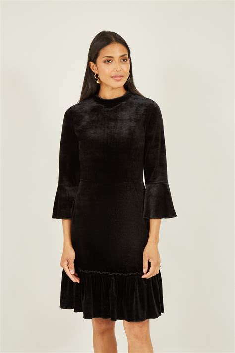 Mela Black Velvet High Neck Skater Dress Mela