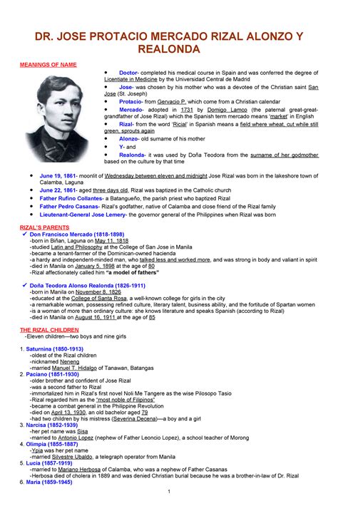 Jose Rizal Life And Works DR JOSE PROTACIO MERCADO RIZAL ALONZO Y