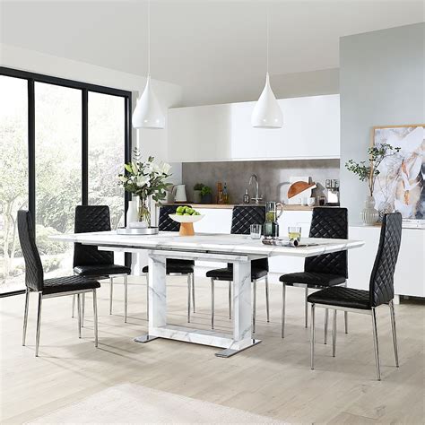 Tokyo Extending Dining Table And 6 Renzo Chairs White Marble Effect Black Classic Faux Leather