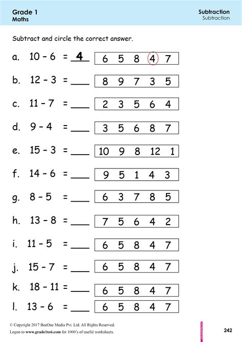 Subtracion First Grade Worksheet