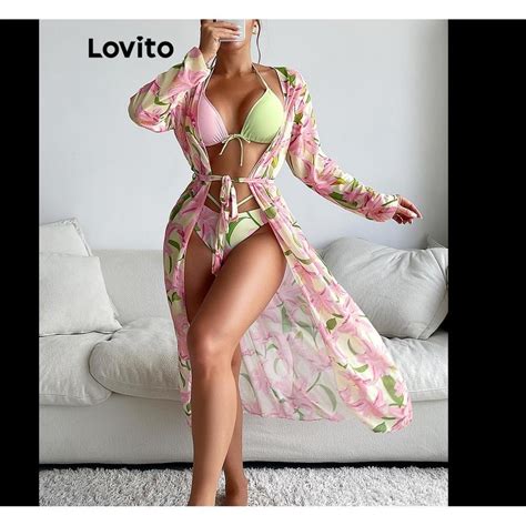 Lovito Women Elegant Tropical Pattern Lace Up Bikini Set Lnl Shopee Philippines