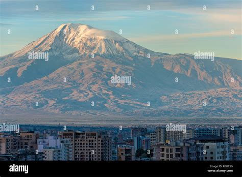 Mount Ararat and Yerevan viewed from Cascade at sunrise, Yerevan ...