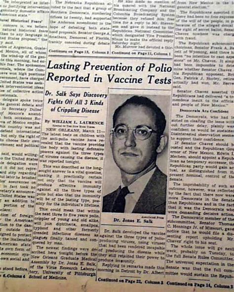 Early Jonas Salk POLIO VACCINE Experimental Medical Success 1954 Old Newspaper | eBay