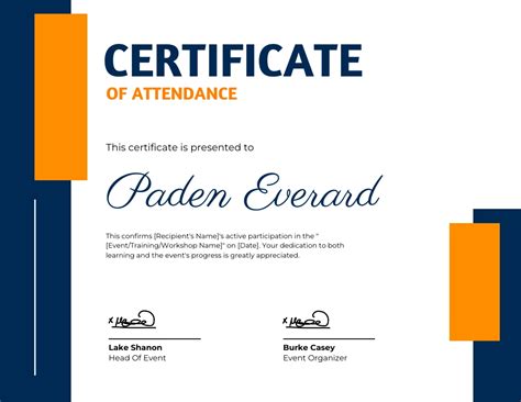 Navy Orange Attendance Certificate Template Venngage