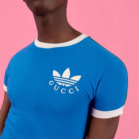 adidas x Gucci Trefoil print T-shirt in blue | GUCCI® PT