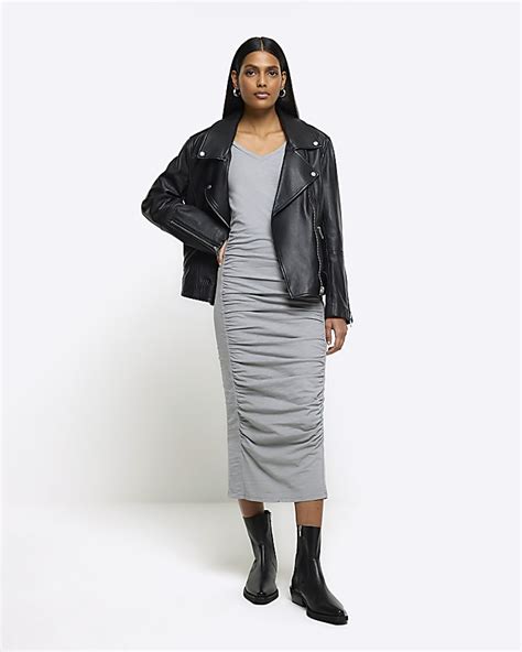 Grey Ruched Bodycon Midi Dress River Island