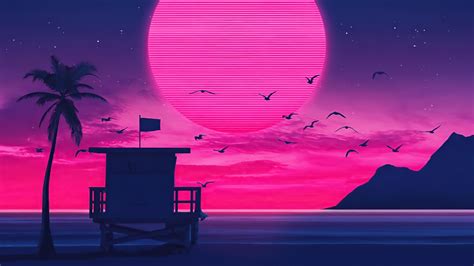 Retrowave House Trees Birds Clouds Moon Mountains Horizon