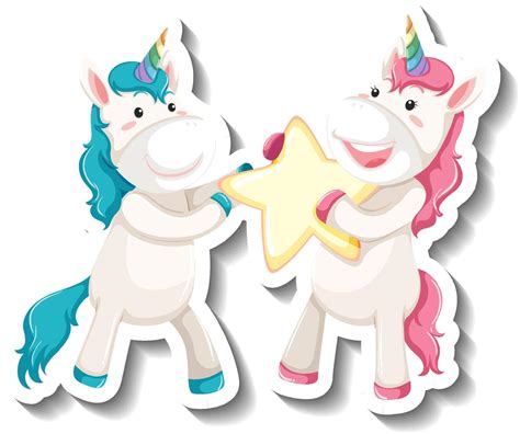 Two Cute Unicorns Holding Star Together Cartoon Sticker 3274463 Vector Art At Vecteezy