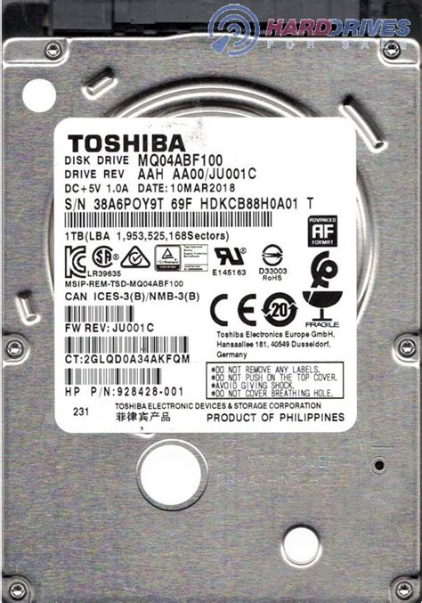 MQ04ABF100 AAH AA00/JU001C MAR 2018 Philippines Toshiba 1TB