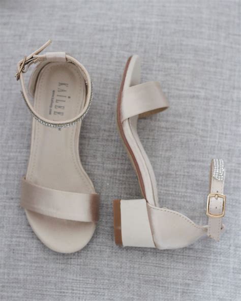 Champagne Satin Block Heel Sandals With Tulle Bow Flower Girls Sandals