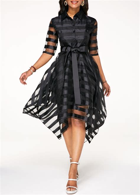 Black Half Sleeve Belted Sheer Striped Dress Usd 3529