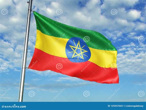 Ethiopia Flag Waving With Sky On Background Realistic D Illustration