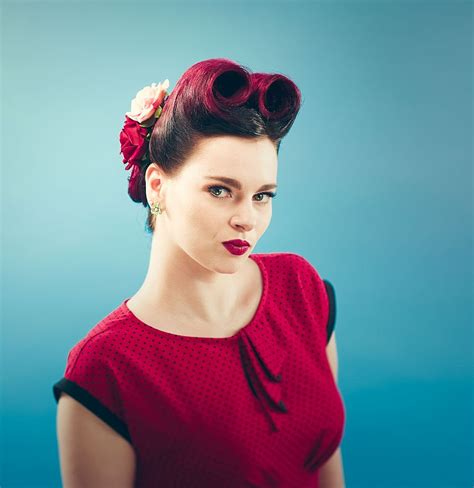 Victory Rolls Vintage Updo Vintage Hairstyle Red Hair With Flowers Retro Hair Vintage